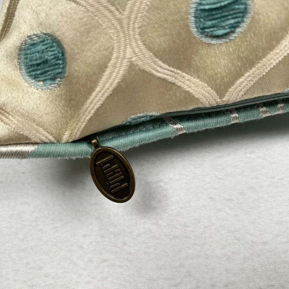 Pier 1 Imports Pillow‎ Turquoise Silver Flower Tan Polka Dot Reversible Nice